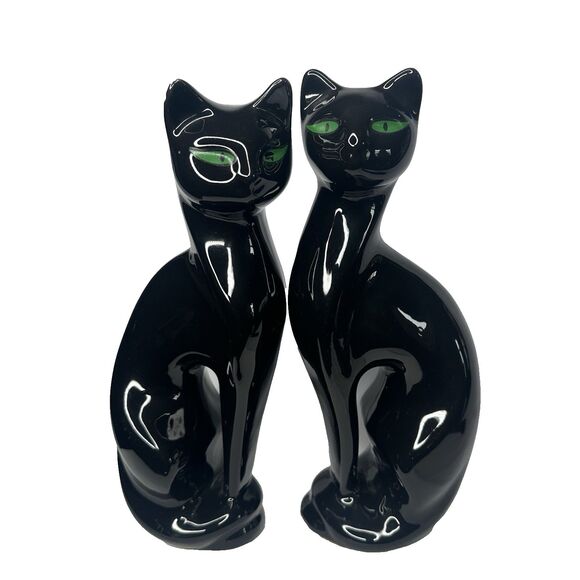 VTG Artmark Fine Ceramic Midnight Shadows Pair of Black Cats Green Eyes 12.5 in - Picture 1 of 12